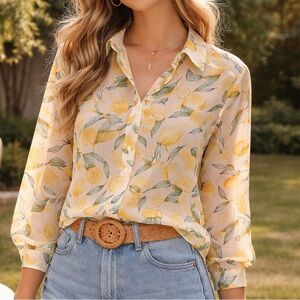 Pink Lily Lemon Print Button Down Shirt 🍋☀️🌸